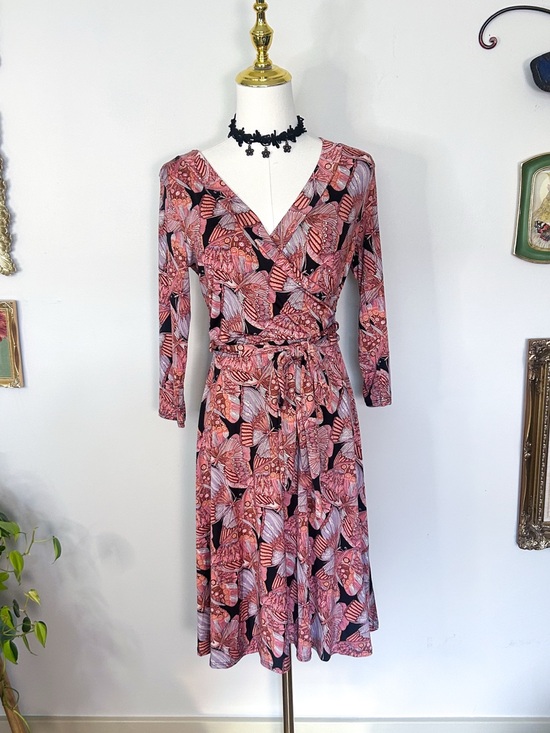 Dresses & Skirts - Pink Butterfly Print Whimsigoth Long Sleeve Wrap Style Mini Dress Medium